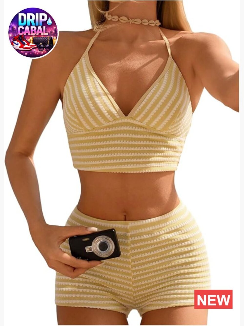 2 Piece Tankini Swimsuit Set with Boyshort Bottoms Halter Top Striped Print
